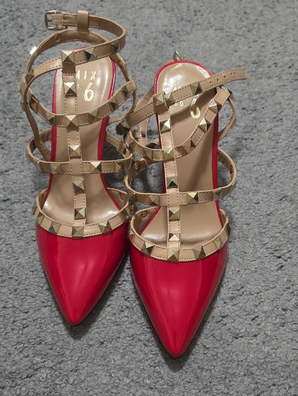 Mix No. 6 Red Pointed Patent Heels with Tan Studded Straps